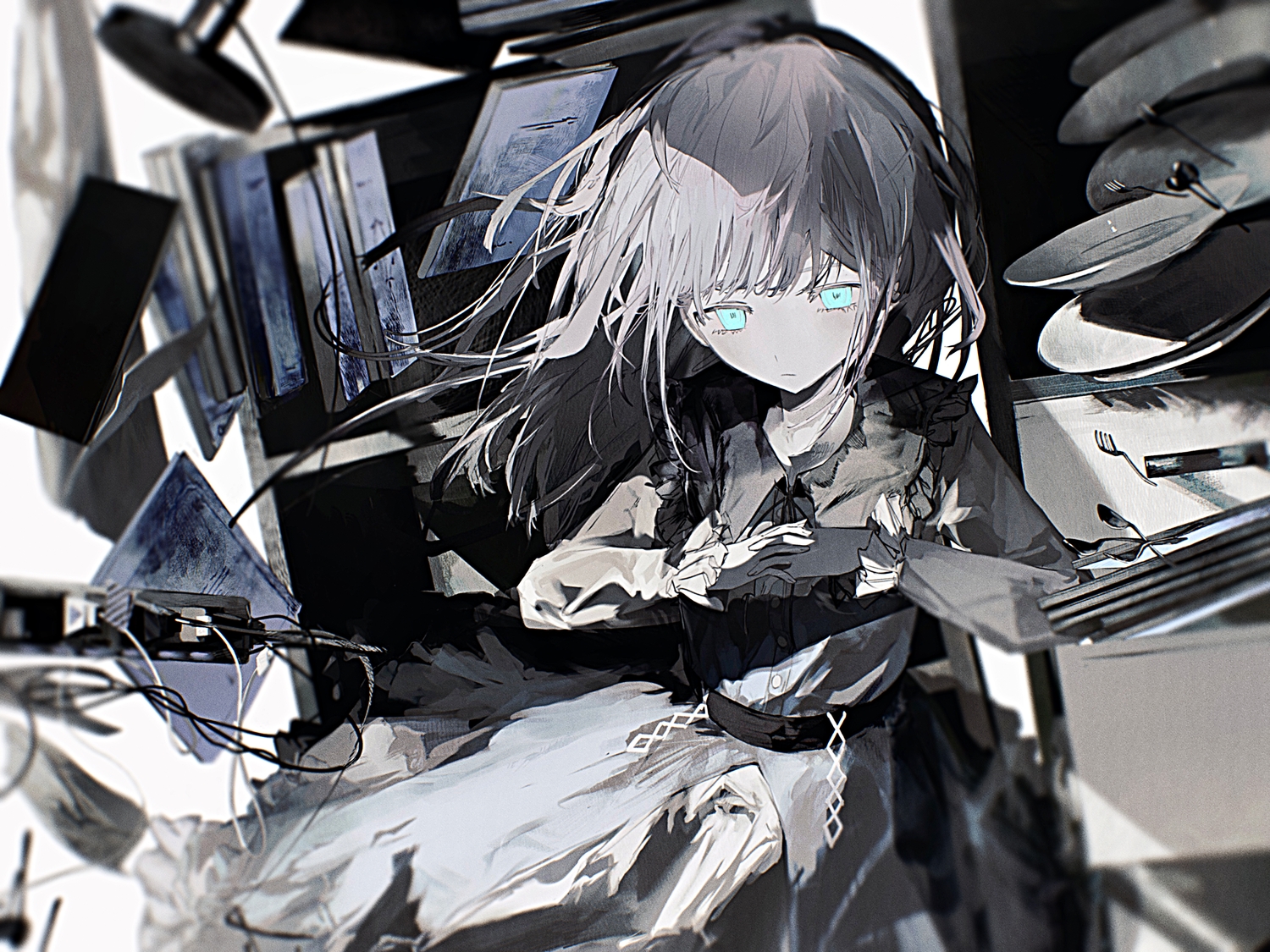 aqua_eyes, book, dress, gray_hair, original, tekito_midori