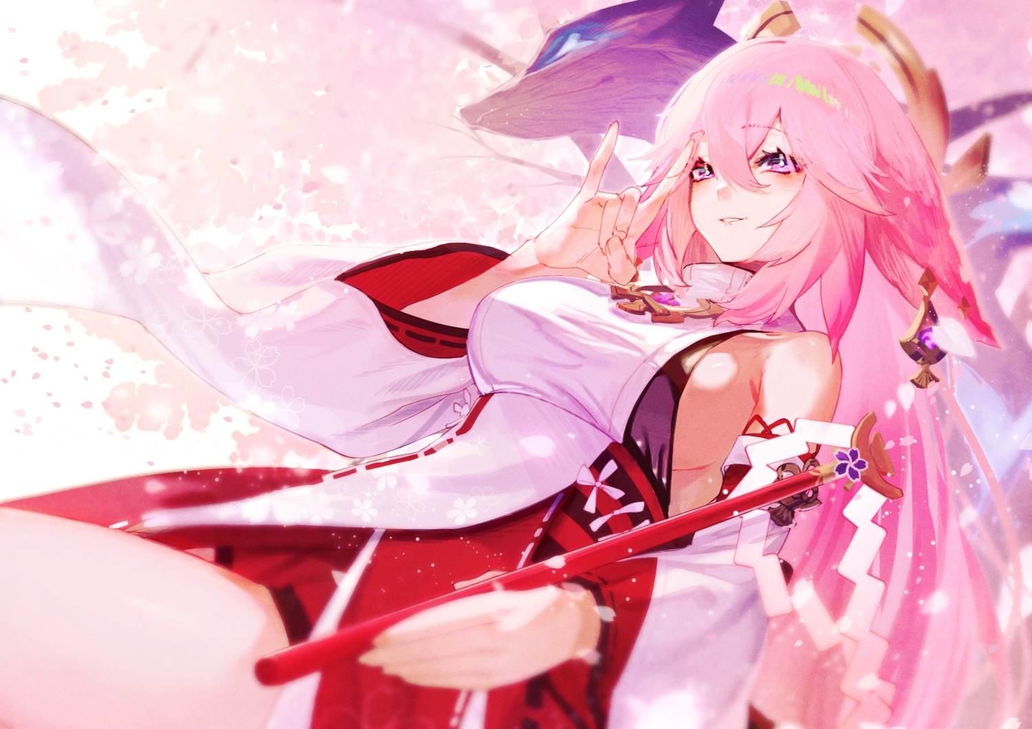 animal_ears, breasts, foxgirl, genshin_impact, japanese_clothes, long_hair, murechika, pink_hair, purple_eyes, sideboob, tree, yae_miko