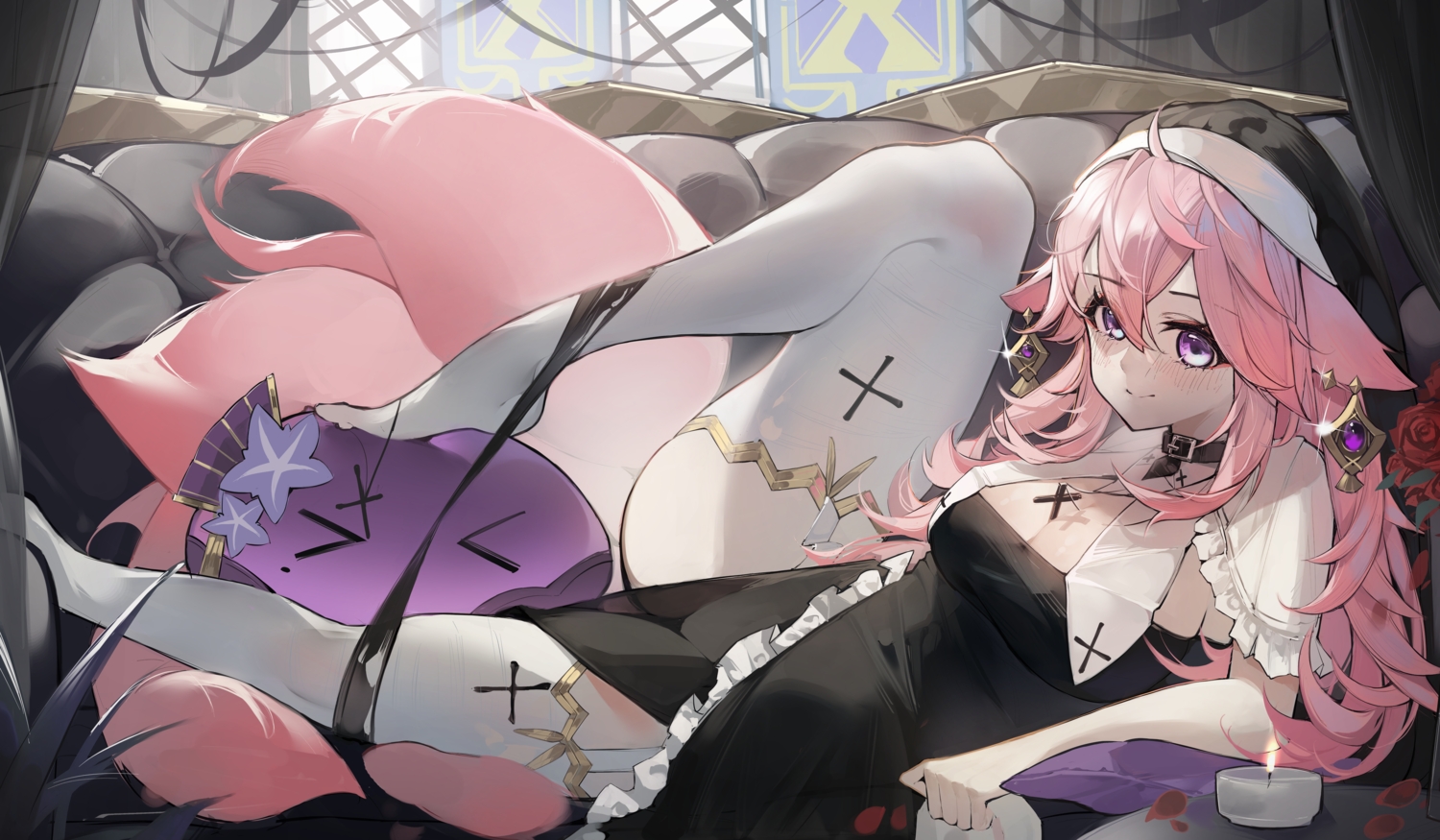 animal_ears, collar, couch, foxgirl, genshin_impact, long_hair, multiple_tails, nun