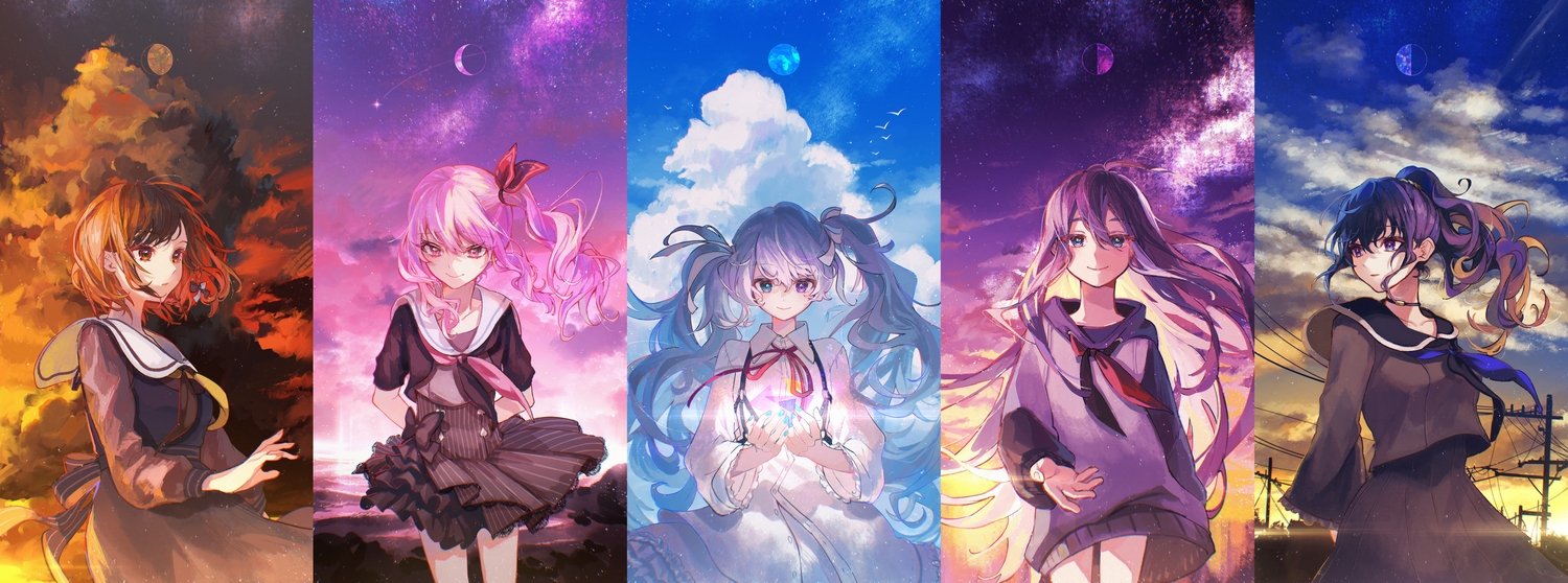 akiyama_mizuki, asahina_mafuyu, blue_eyes, brown_eyes, brown_hair, clouds, gray_hair, hatsune_miku