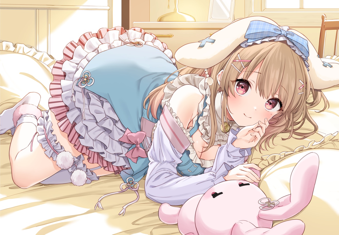 animal_ears, ayaginu_temari, bed, bow, brown_hair, bunny, bunny_ears, garter