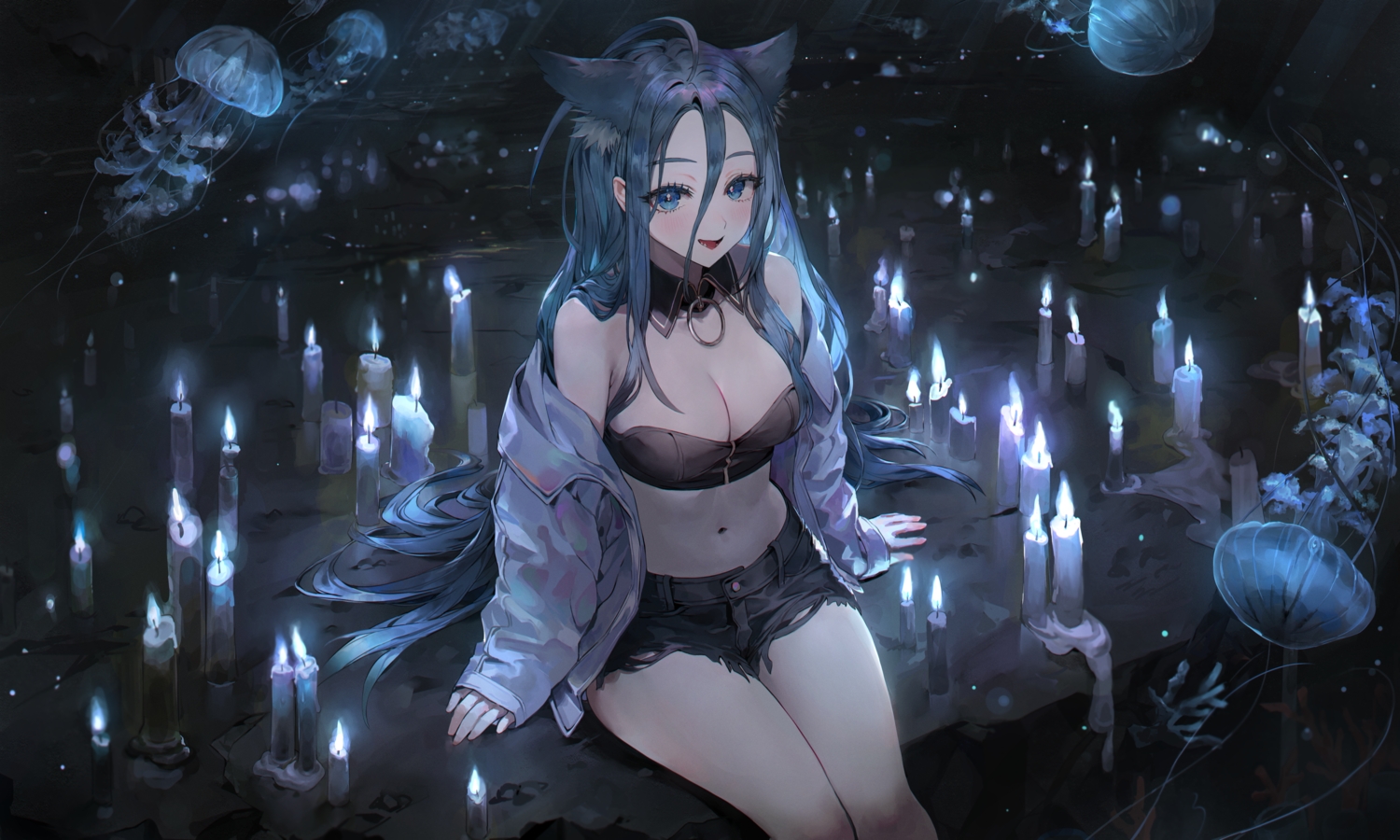 animal_ears, aqua_eyes, aqua_hair, breasts, cleavage, long_hair, modanyang, navel