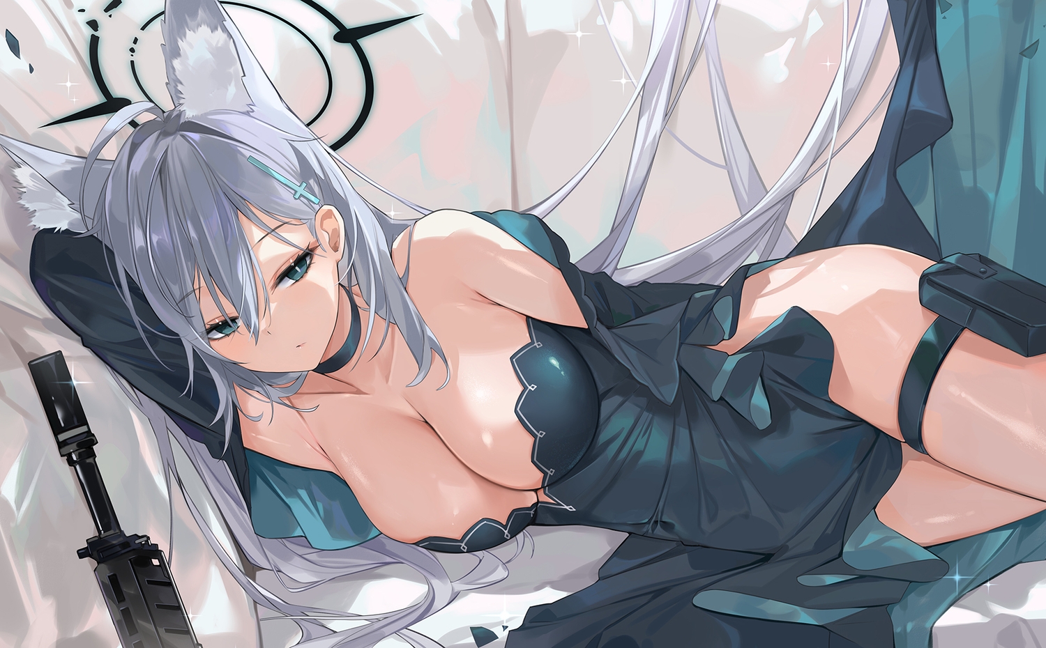 animal_ears, bed, blue_archive, choker, dema_hmw, dress, garter, gray_hair