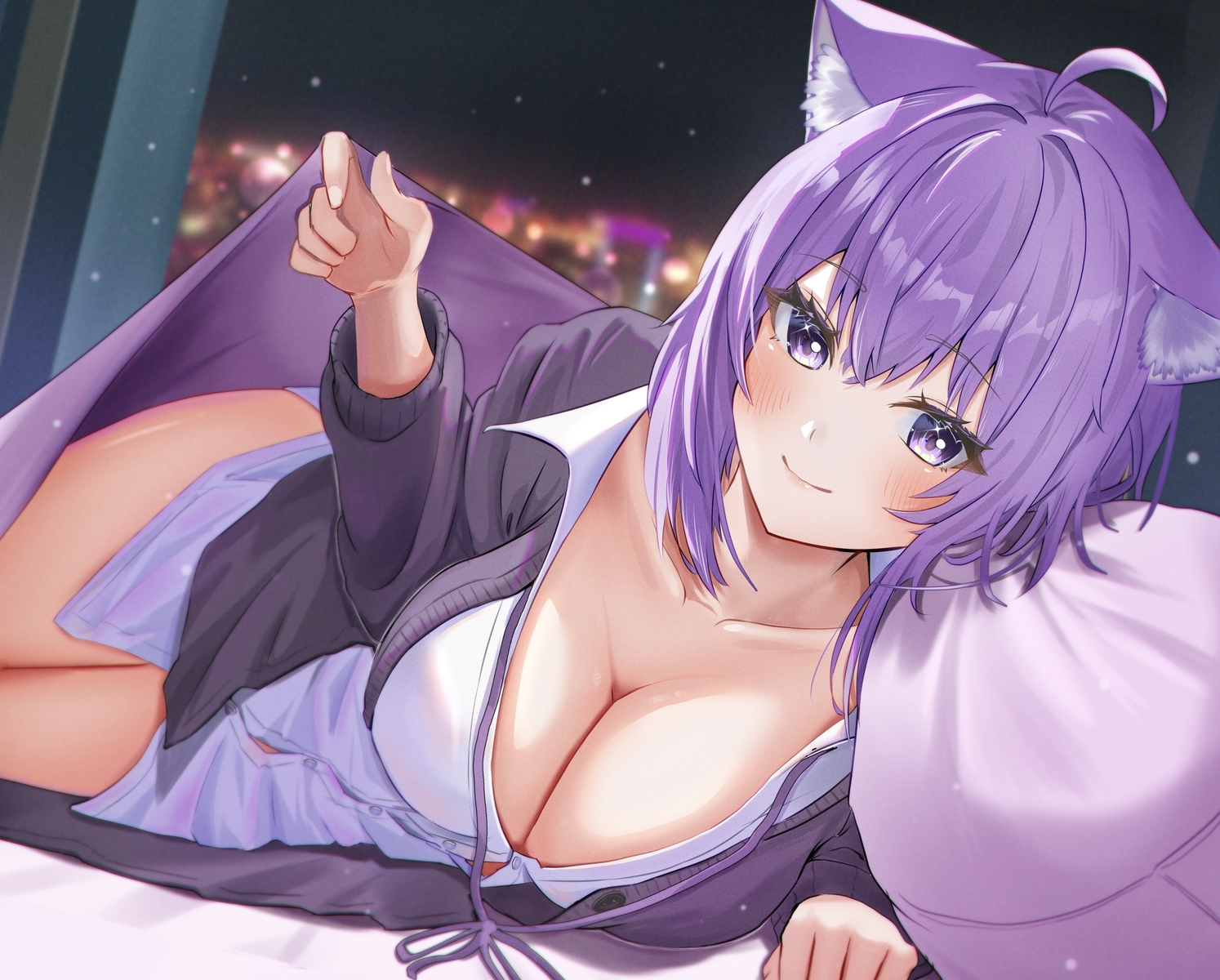 animal_ears, bed, breasts, catgirl, cleavage, hololive, nekomata_okayu, no_bra, purple_eyes, purple_hair, shirt, torakichi_888
