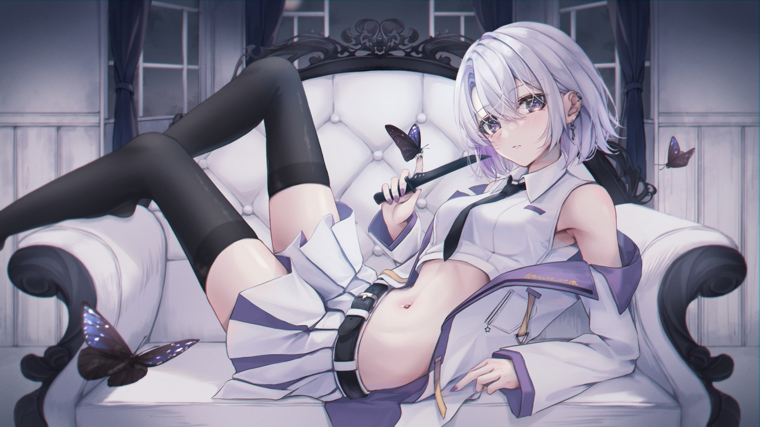 amane_utata, blush, butterfly, couch, knife, navel, original, purple_eyes