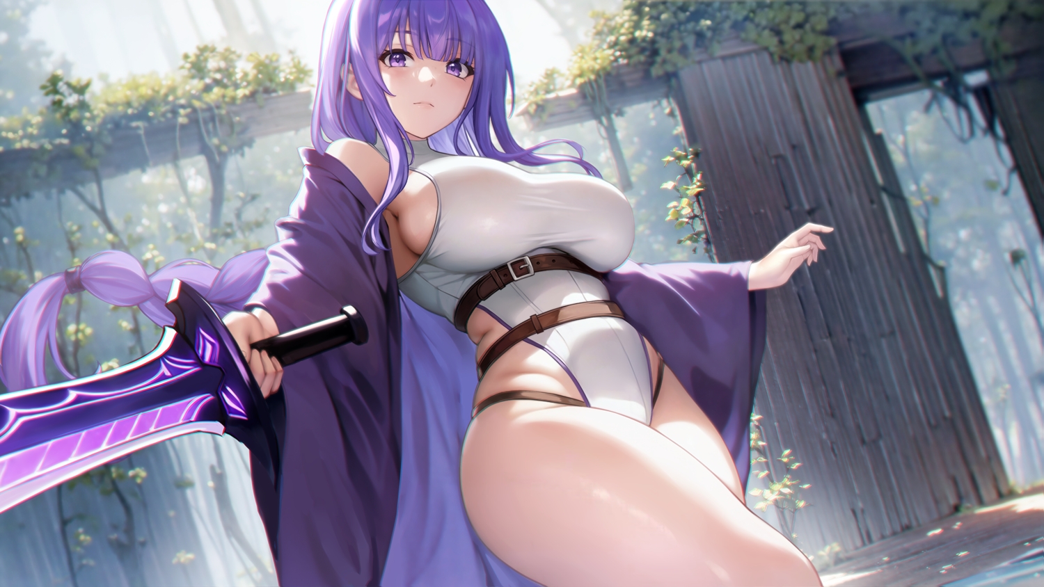 azto_dio, braids, breasts, leaves, leotard, long_hair, no_bra, nopan, original, ponytail, purple_eyes, purple_hair, sideboob, sword, weapon
