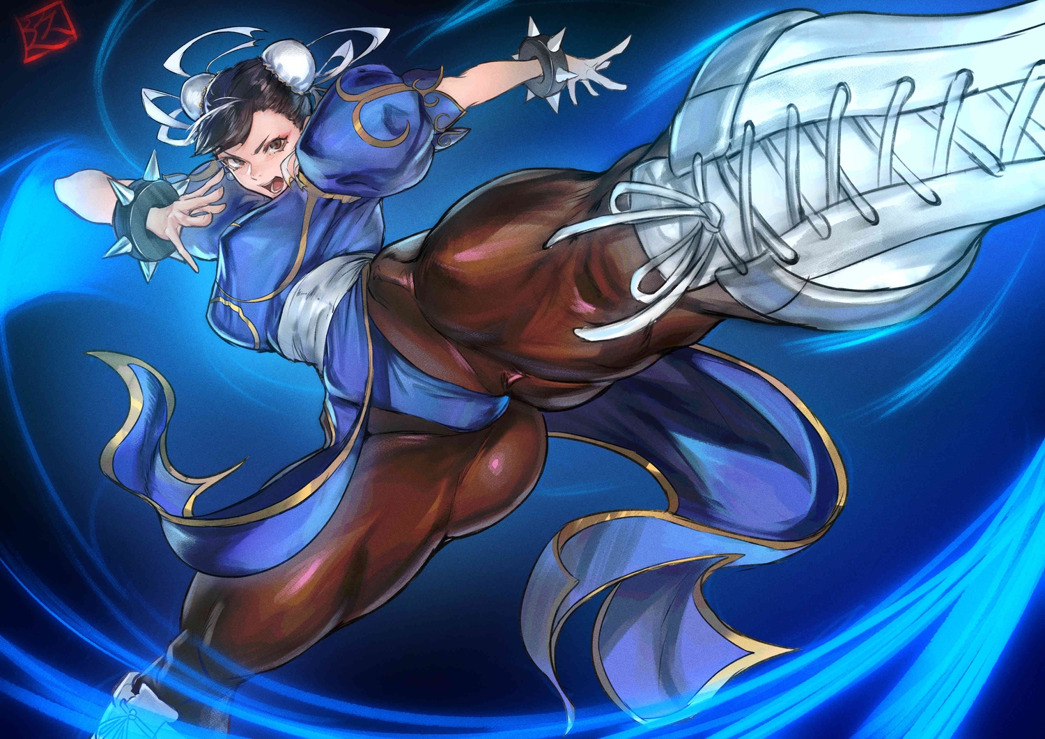 black_hair, blue, boots, brown_eyes, chinese_clothes, chinese_dress, chun-li, dress