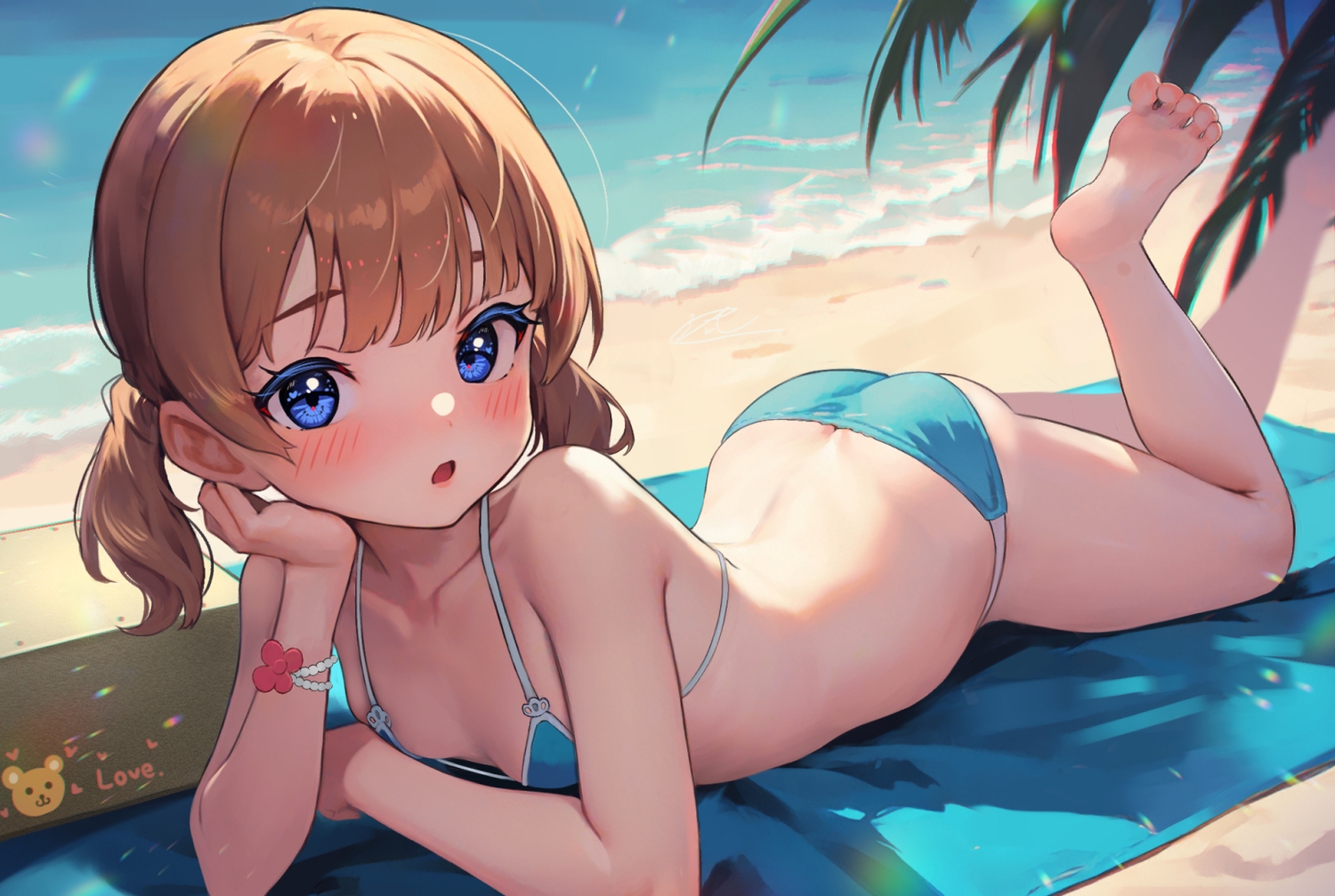 ass, barefoot, beach, bikini, blue_eyes, brown_hair, c_(theta), idolmaster, idolmaster_million_live!, loli, suou_momoko, swimsuit, twintails, water