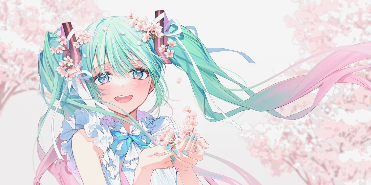 aqua_hair, blue_eyes, blush, cherry_blossoms, close, flowers, hatsune_miku, long_hair, moro_(from_m0r0), ribbons, twintails, vocaloid