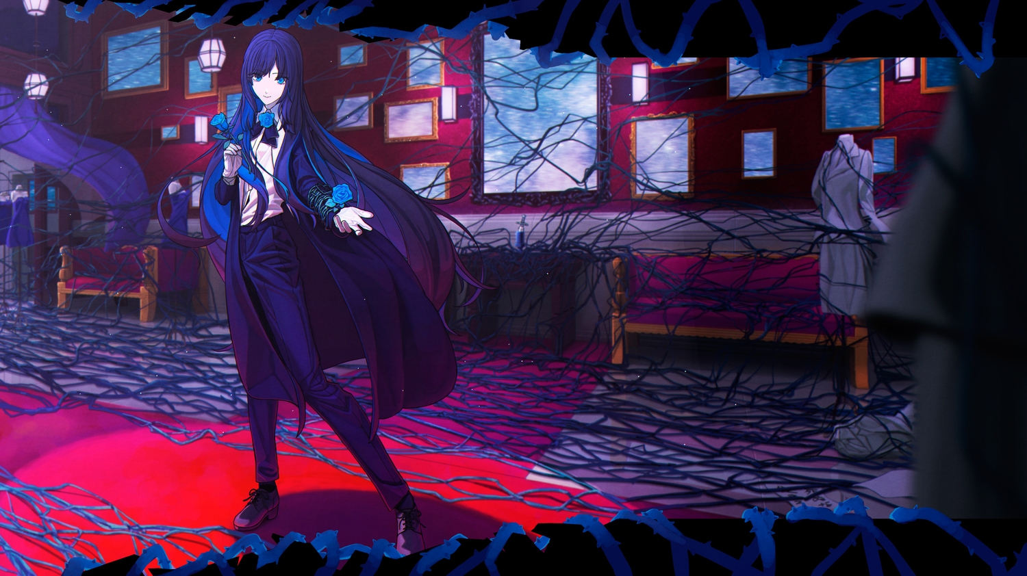 ado_(utaite), blue_eyes, blue_hair, chando_(ado), flat_chest, flowers, gloves, long_hair