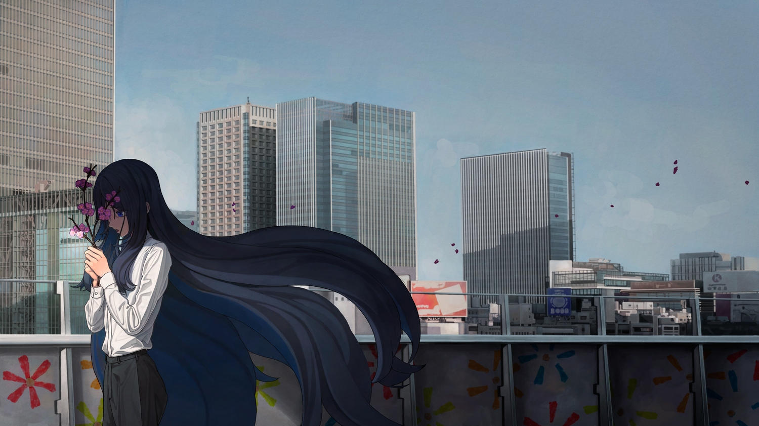 ado_(utaite), black_hair, blue_eyes, building, chando_(ado), city, flat_chest, flowers