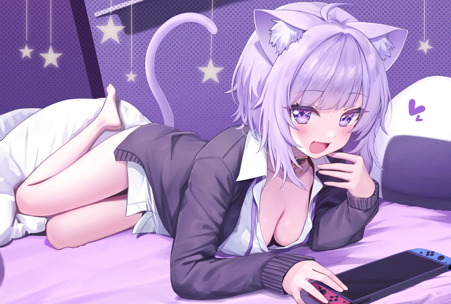 animal_ears, barefoot, bed, blush, breasts, catgirl, cat_smile, cleavage