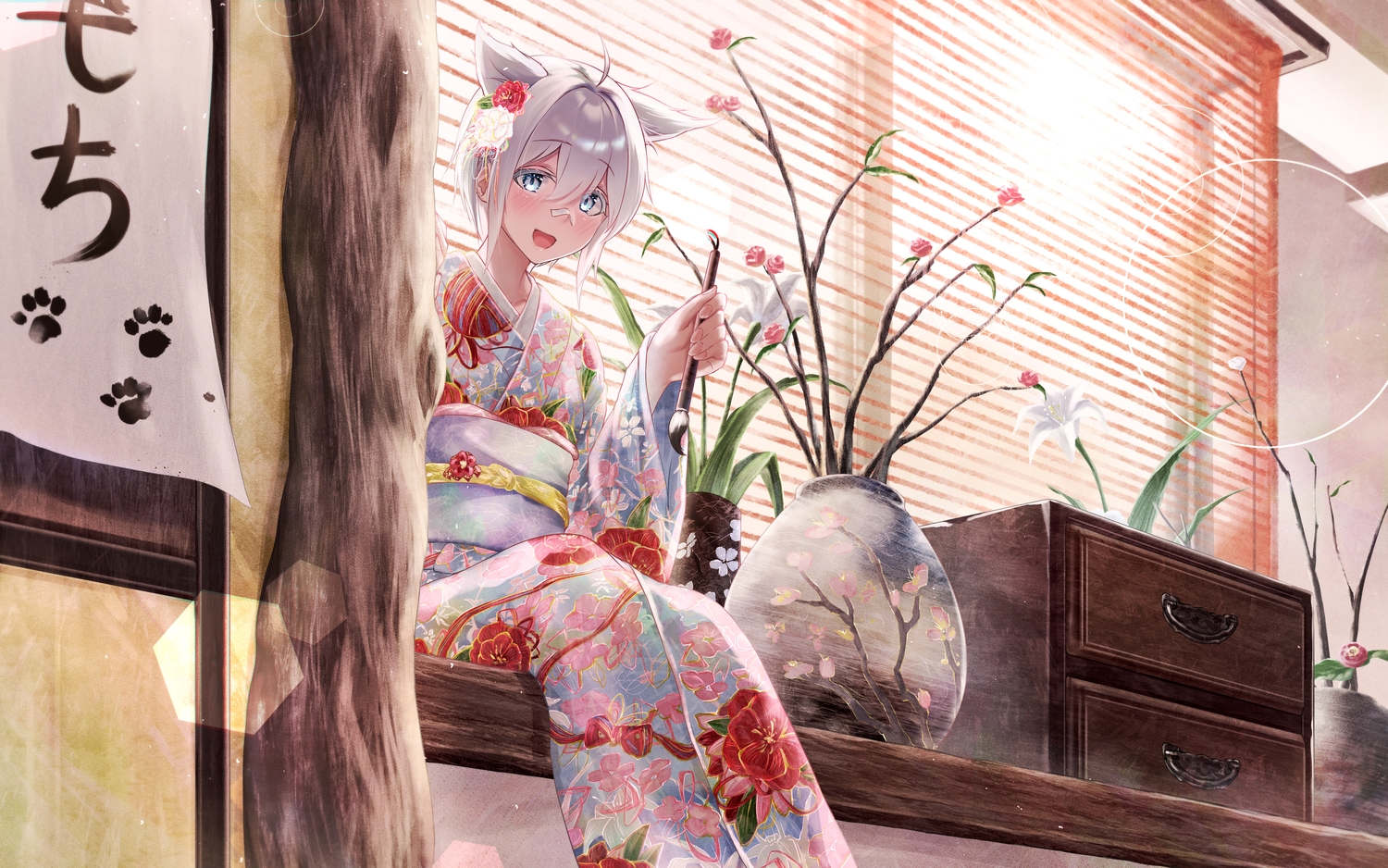 animal_ears, bandaid, blush, flowers, gray_eyes, gray_hair, japanese_clothes, kimono