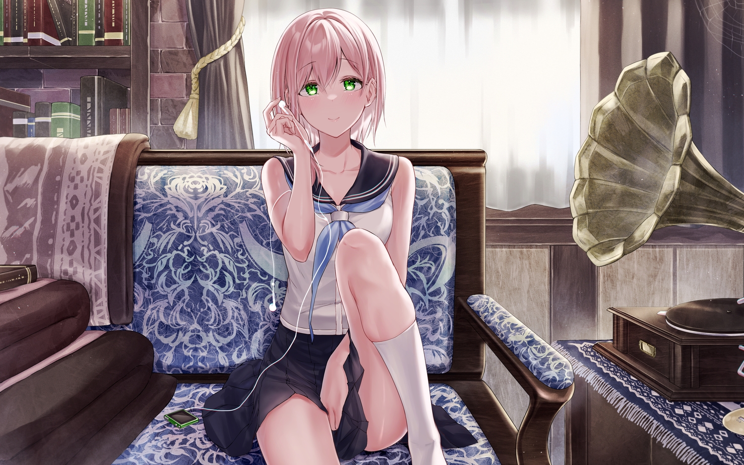 blush, book, couch, green_eyes, headphones, kneehighs, meen_(ouaughikepdvrsf), original, pink_hair, school_uniform, short_hair, skirt, socks