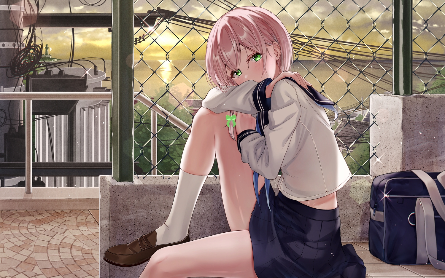 blush, clouds, green_eyes, kneehighs, meen_(ouaughikepdvrsf), original, pink_hair, rooftop
