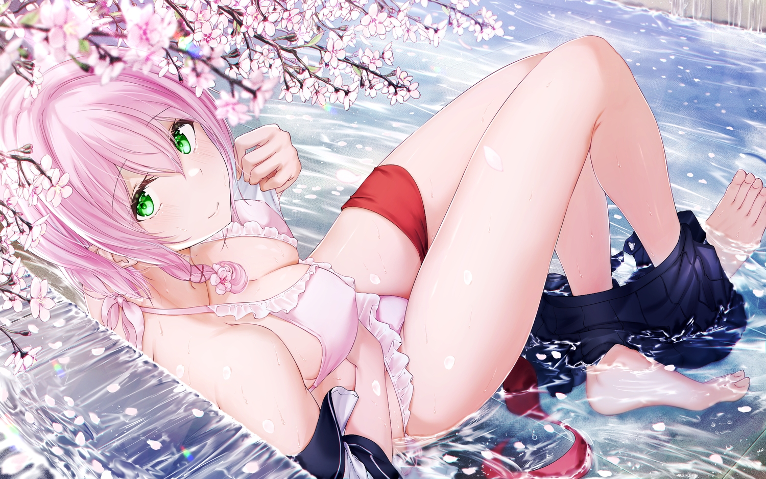 barefoot, bikini, cherry_blossoms, erect_nipples, flowers, green_eyes, meen_(ouaughikepdvrsf), original