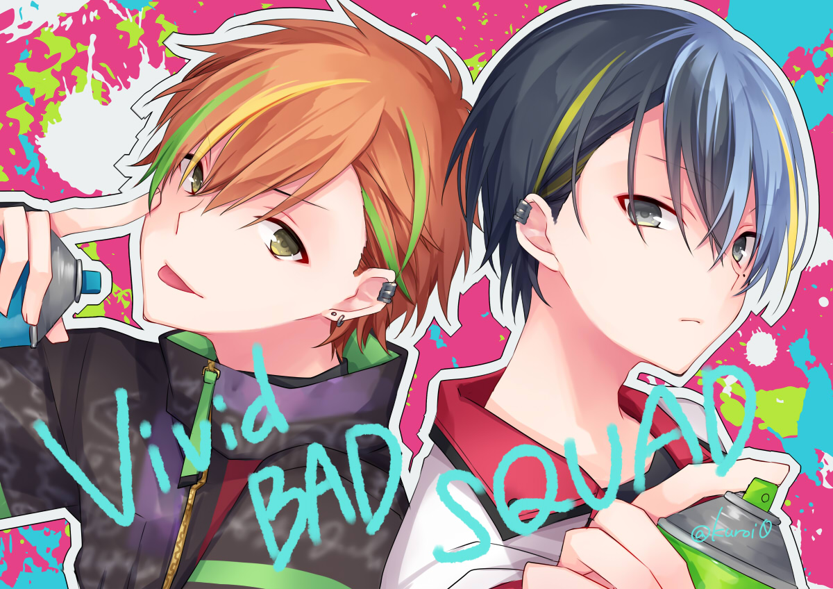 all_male, aoyagi_touya, black_hair, close, graffiti, gray_eyes, green_eyes, kuroi_(liar-player)