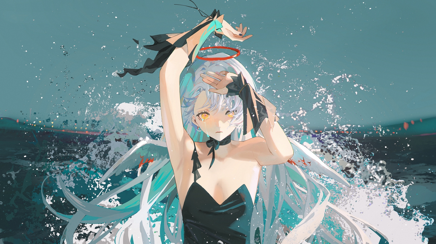angel, choker, green_hair, halo, long_hair, original, parai0, sky