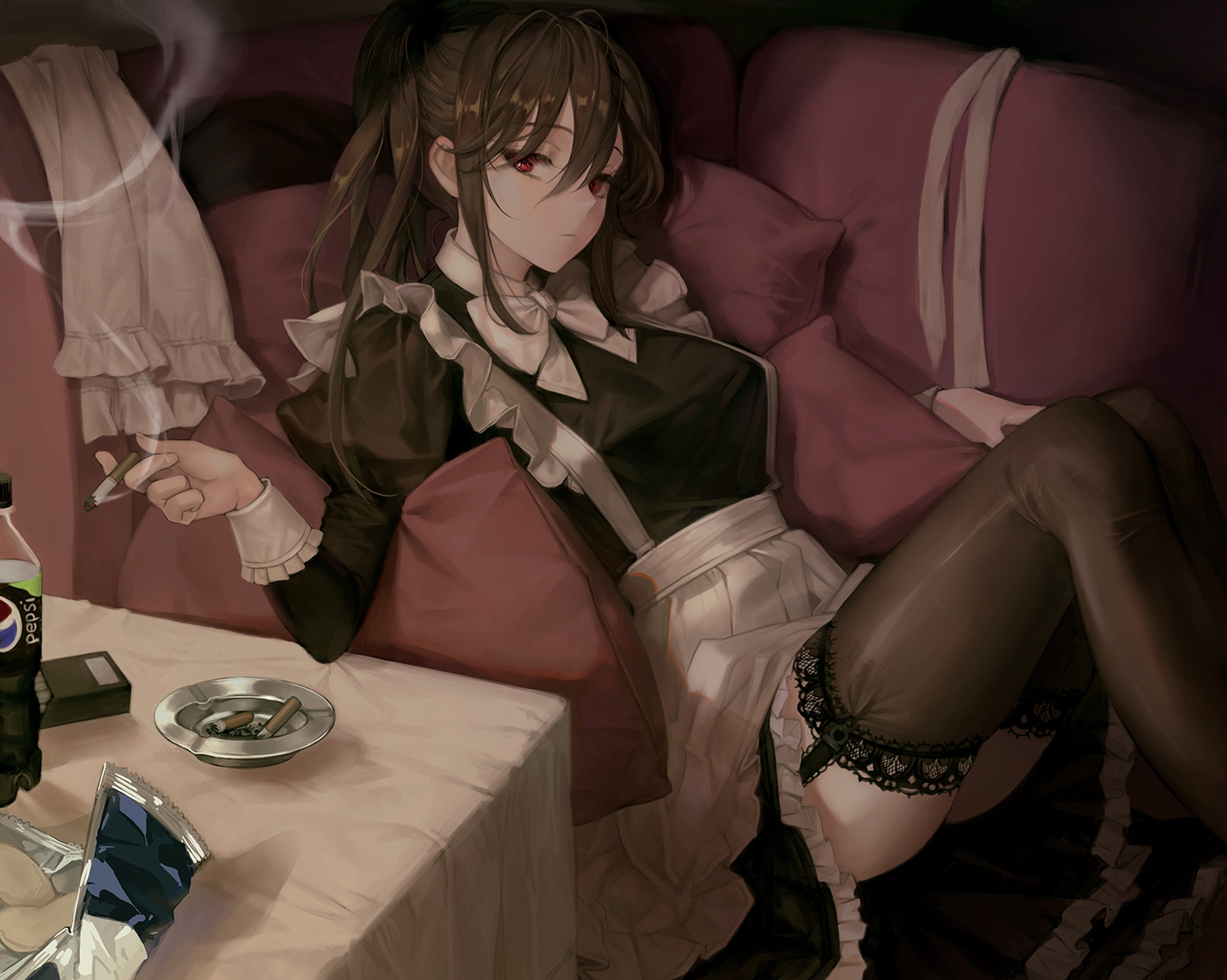 bow, brown_hair, cigarette, drink, food, garter_belt, long_hair, maid, original, oto1_030, pepsi, red_eyes, smoking, stockings