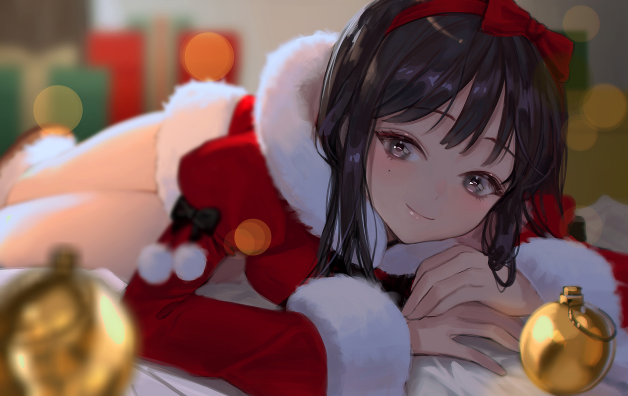 black_hair, bow, brown_eyes, christmas, dress, headband, original, oto1_030