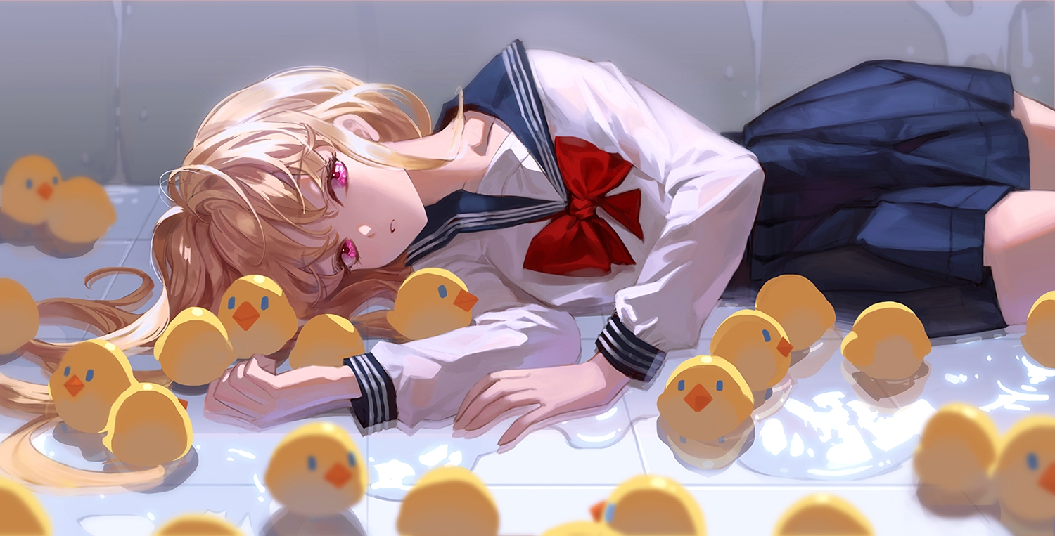 blonde_hair, bow, long_hair, original, oto1_030, purple_eyes, rubber_duck, school_uniform