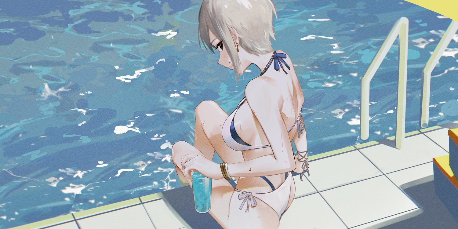 bikini, drink, idolmaster, idolmaster_cinderella_girls, igawa_hikaru, pool, shiomi_shuuko, short_hair