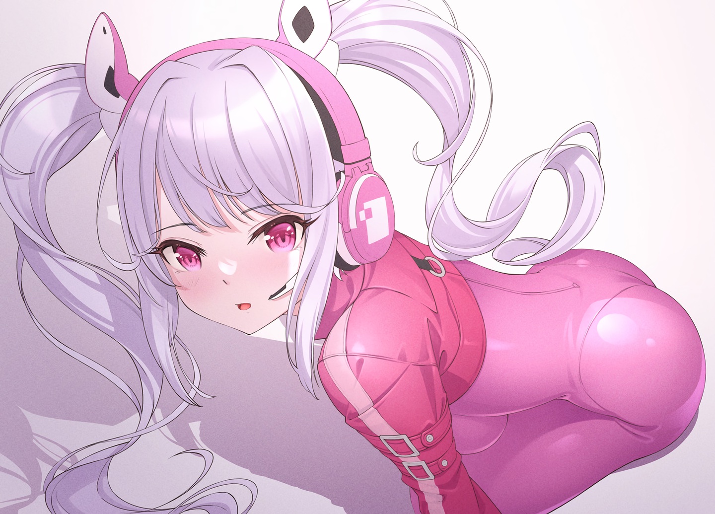 alice_(nikke), animal_ears, ass, bodysuit, goddess_of_victory:_nikke, gray_hair, headphones, long_hair, purple_eyes, sogdin, waifu2x