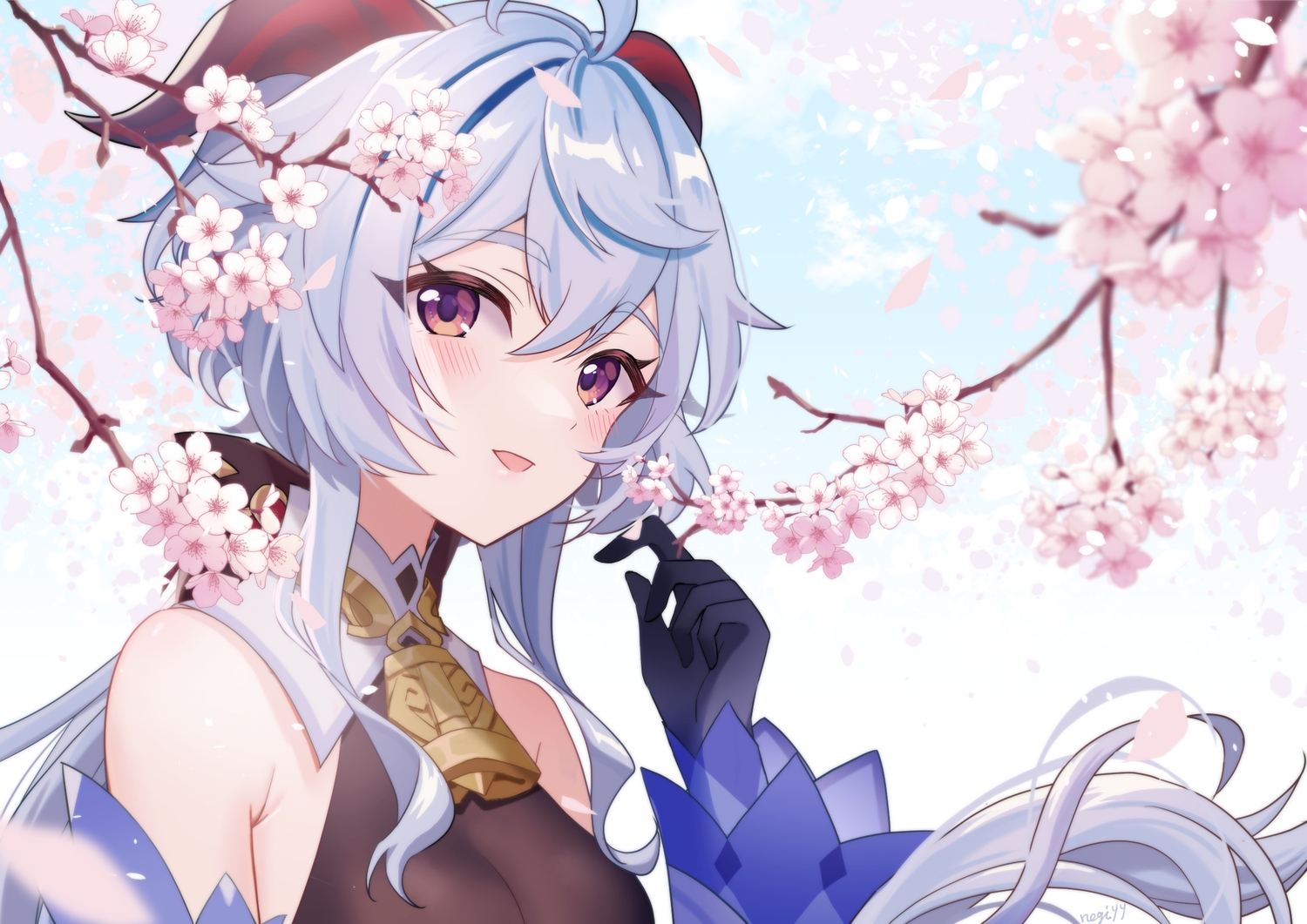 aonegi, bell, blush, brown_eyes, cherry_blossoms, close, flowers, ganyu_(genshin_impact)