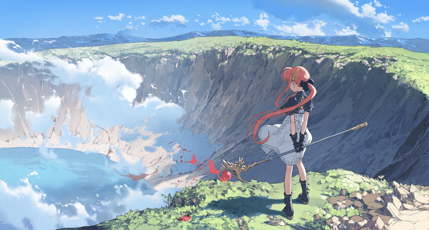 boots, bow, clouds, dress, gloves, grass, hirooka_masaki, landscape, long_hair, original, pink_hair, ponytail, scenic, sky, staff, water