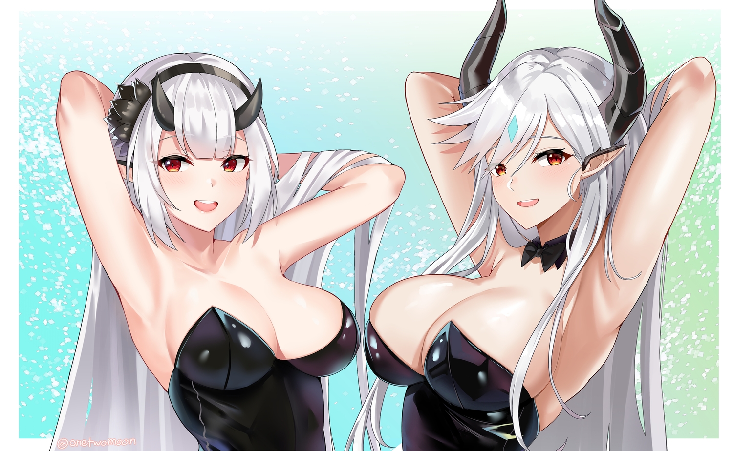 2girls, breasts, cleavage, epic7, gray_hair, headband, leotard, long_hair