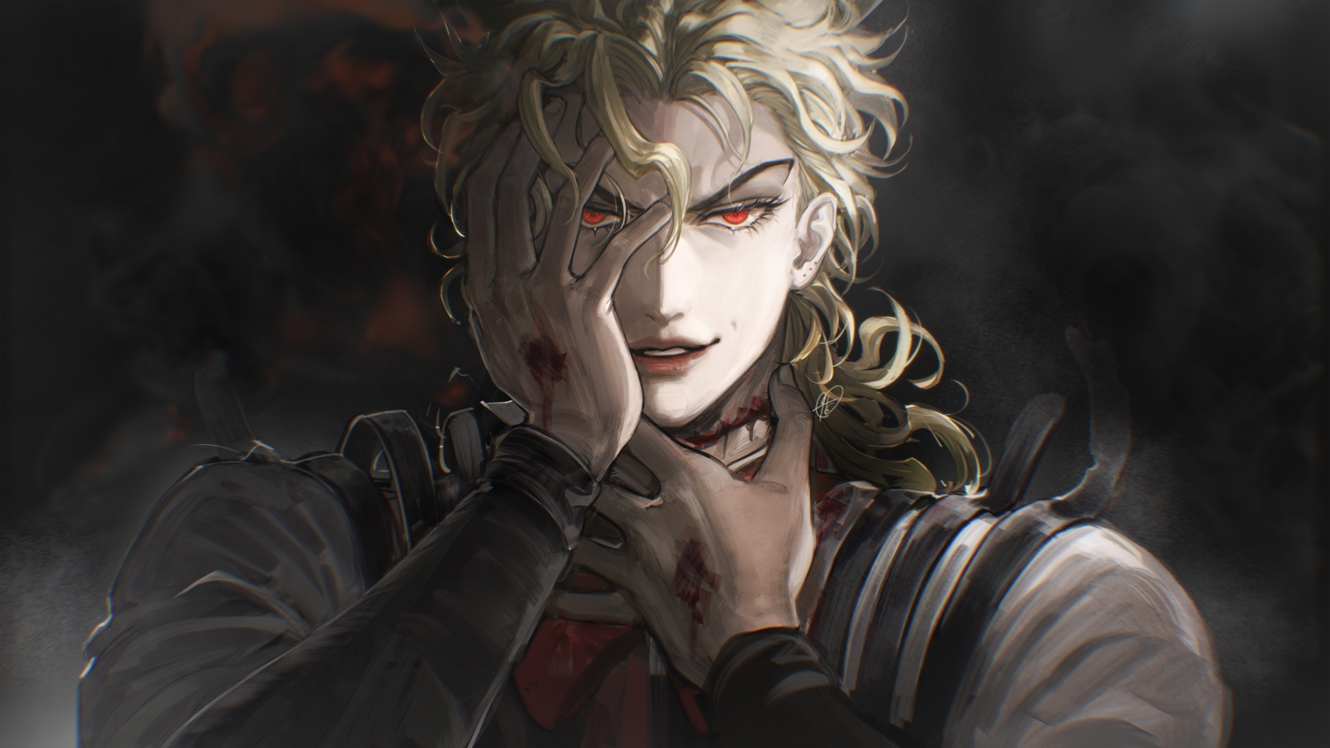 all_male, blonde_hair, blood, close, dio_brando, jojo_no_kimyou_na_bouken, long_hair, male