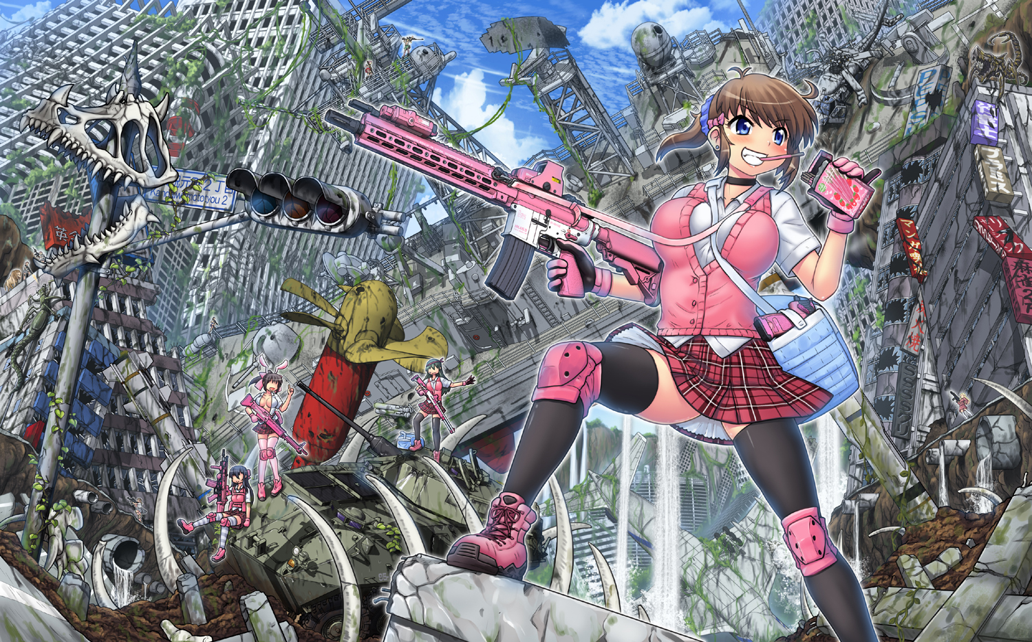boots, building, city, food, gloves, gun, hase_yuu, original