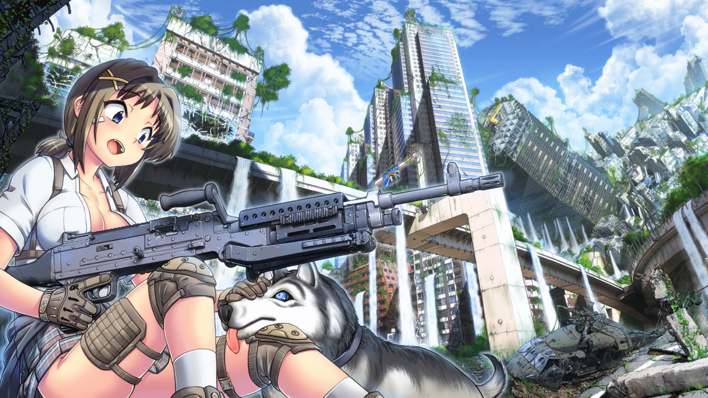 aircraft, animal, blue_eyes, breasts, brown_hair, building, city, dog
