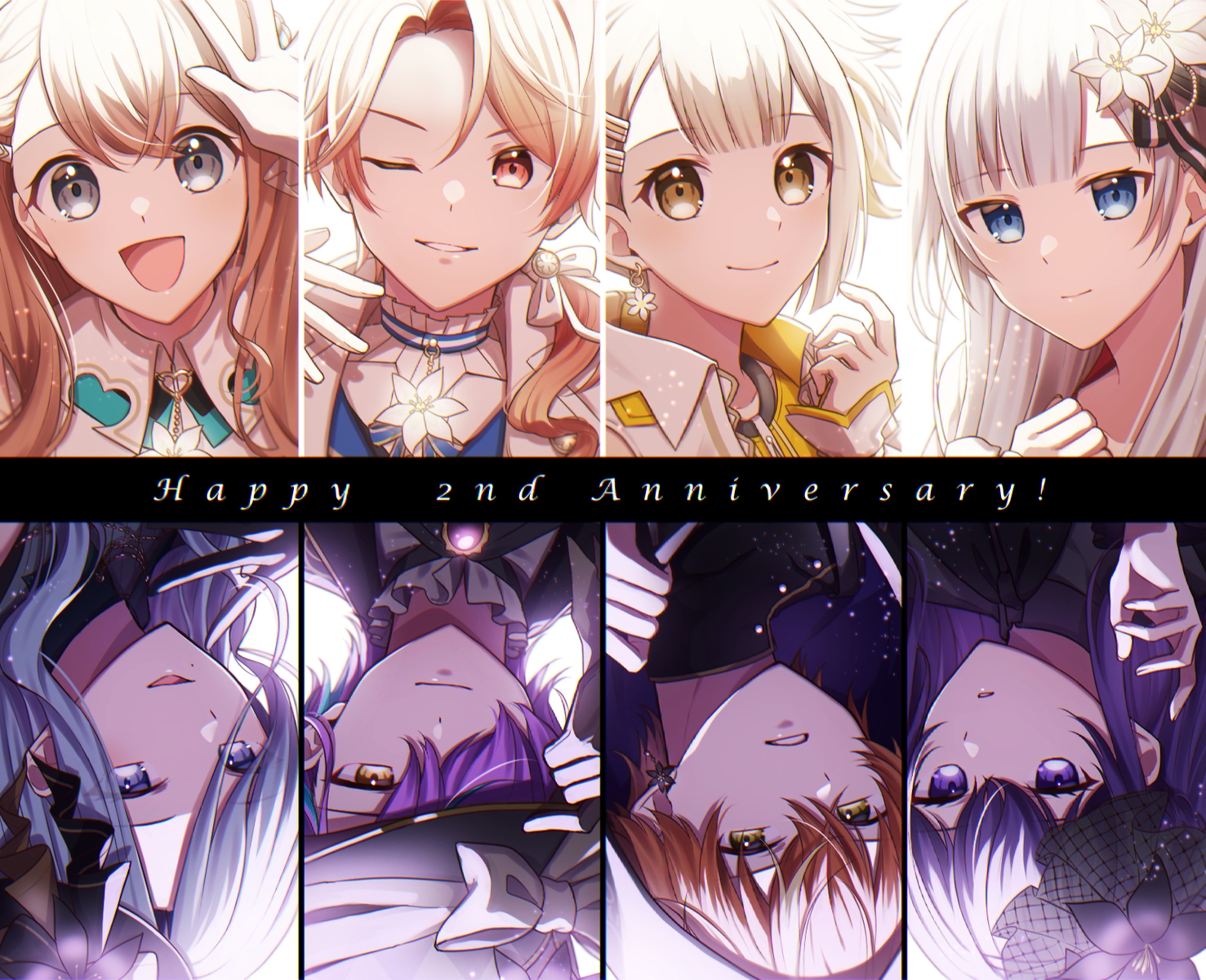 aoyagi_touya, asahina_mafuyu, azusawa_kohane, blonde_hair, bow, brown_hair, flowers, gray_hair