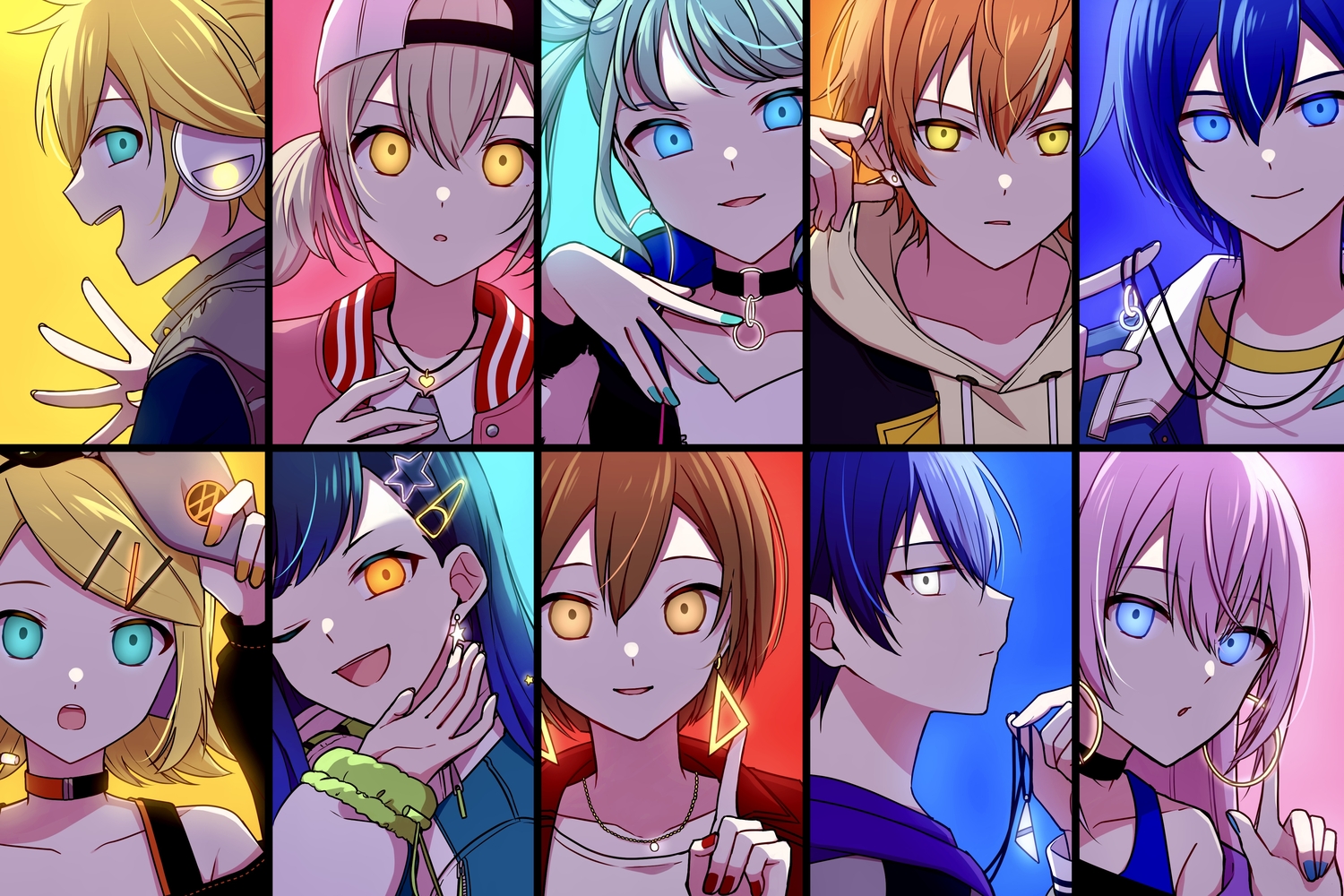 aoyagi_touya, azusawa_kohane, choker, hat, hatsune_miku, kagamine_len, kagamine_rin, kaito, male, megurine_luka, meiko, necklace, project_sekai, shinonome_akito, shiraishi_an, teneko02, vocaloid