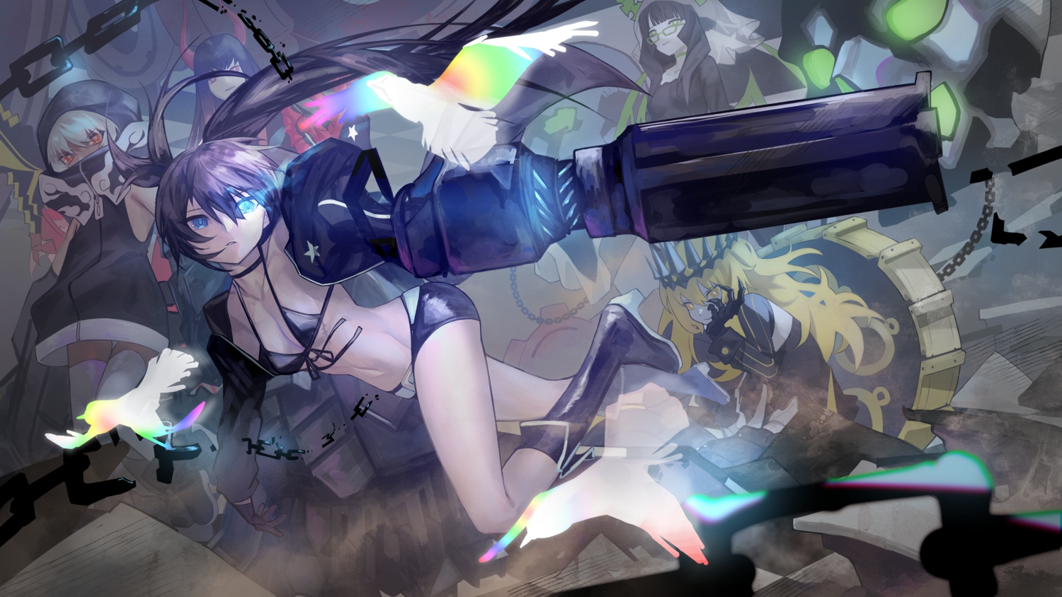 bikini_top, black_hair, black_rock_shooter, blue_eyes, boots, chain, chariot, group, irino_saya, kouhiipan, koutari_yuu, kuroi_mato, takanashi_yomi, twintails, weapon
