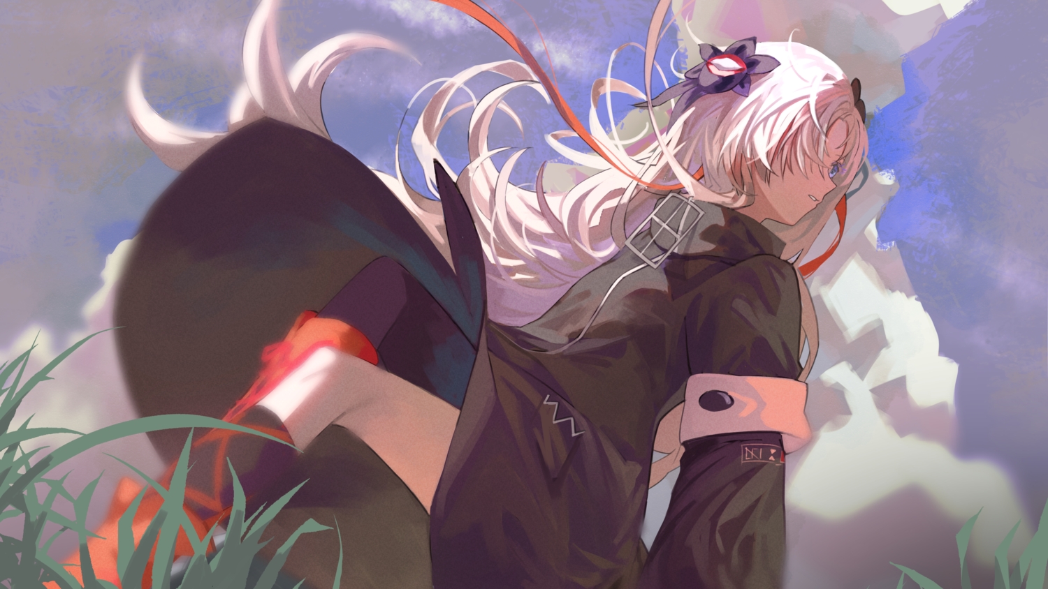 grass, isekaijoucho, kamitsubaki_studio, kouhiipan, long_hair, ribbons, white_hair