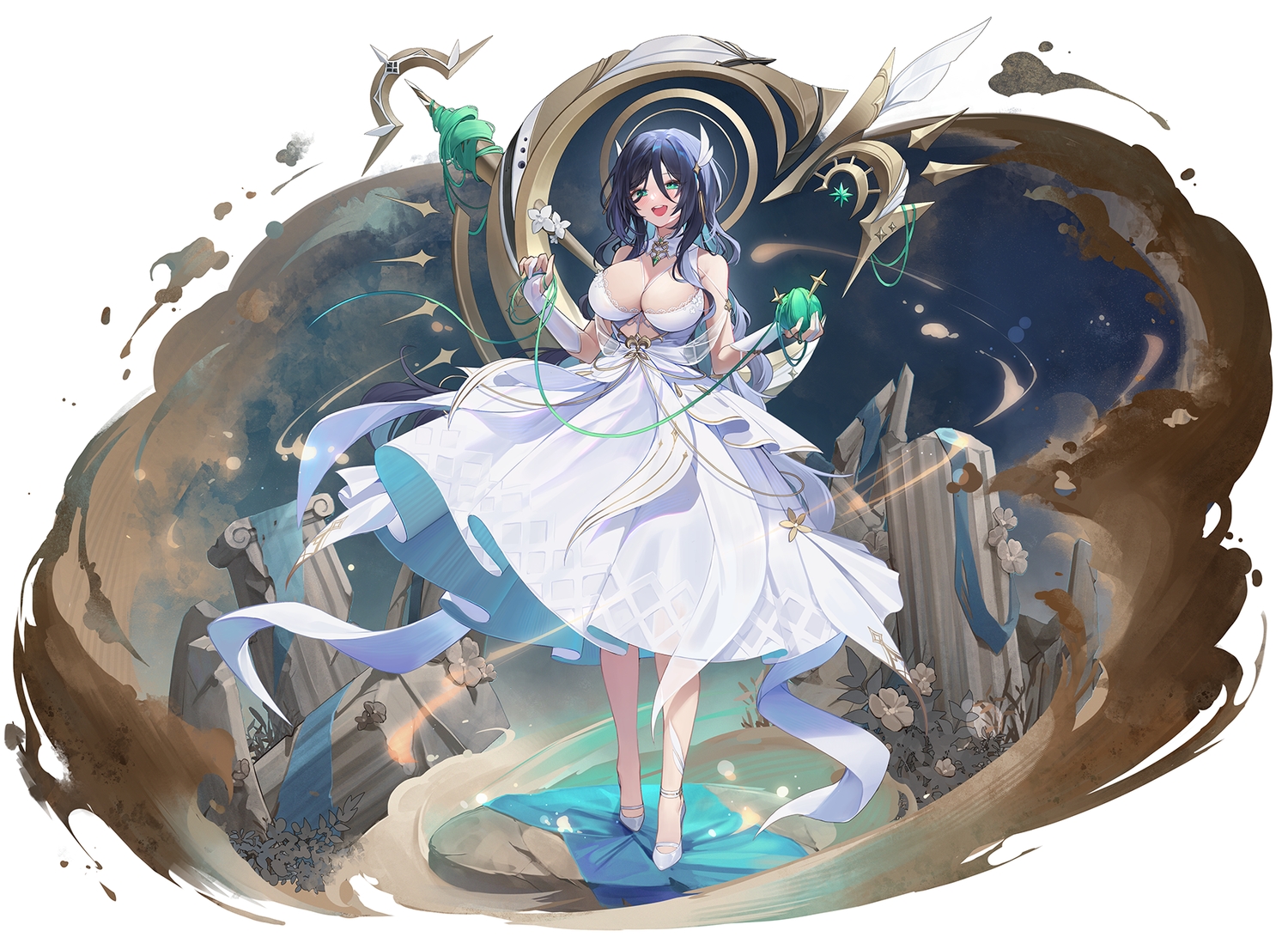 breasts, cleavage, dress, gloves, green_eyes, laevan, long_hair, original, purple_hair