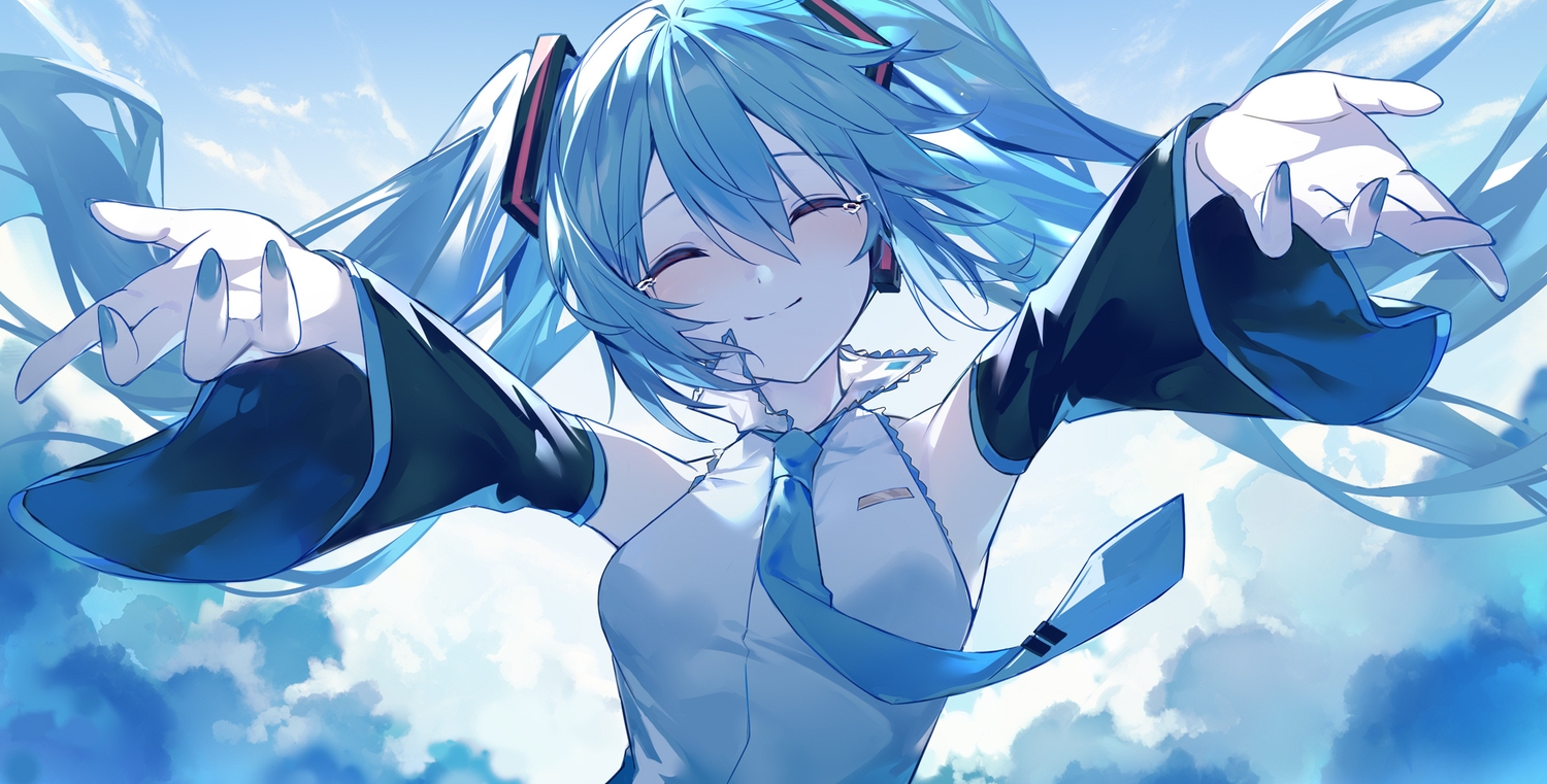 aqua_hair, clouds, crying, hatsune_miku, long_hair, sky, tears, tie