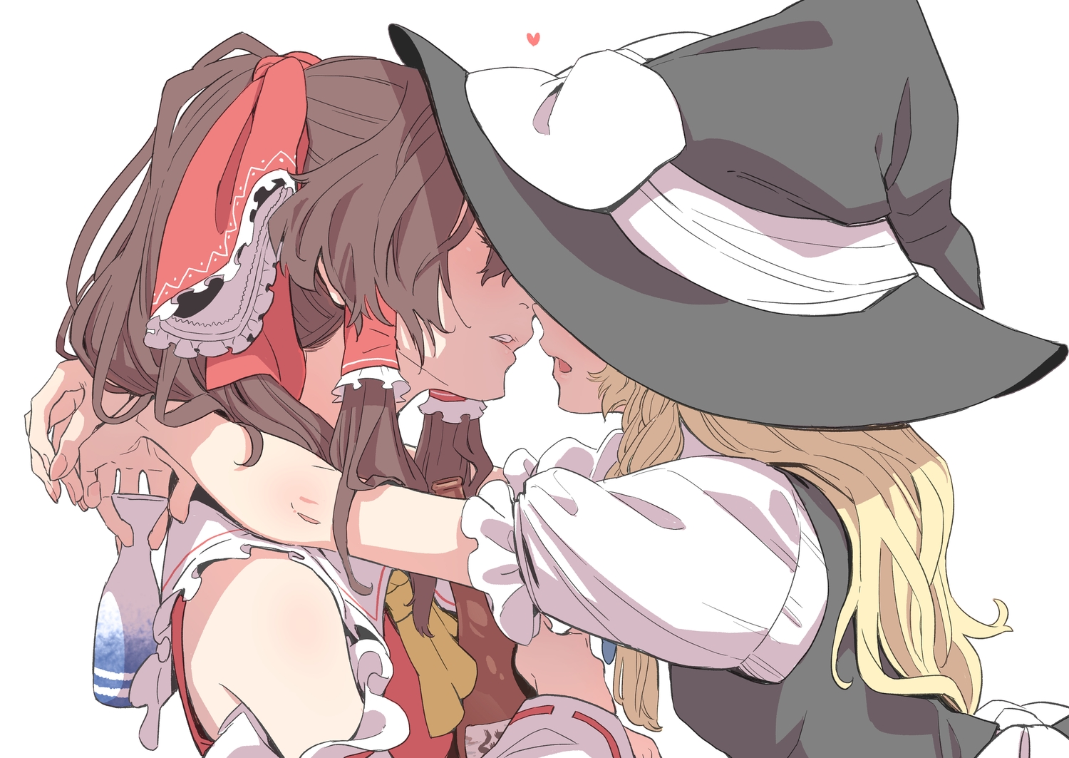 2girls, blonde_hair, bow, brown_hair, drink, hakurei_reimu, hat, japanese_clothes