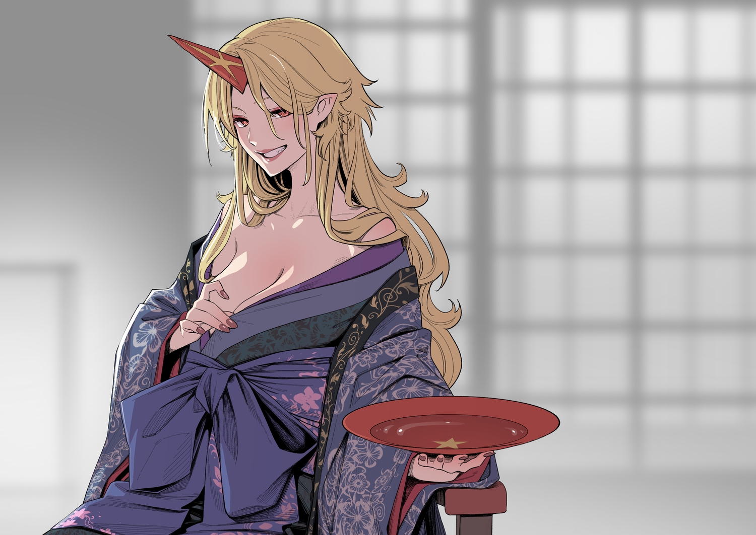 blonde_hair, breasts, cleavage, demon, drink, horns, hoshiguma_yuugi, japanese_clothes