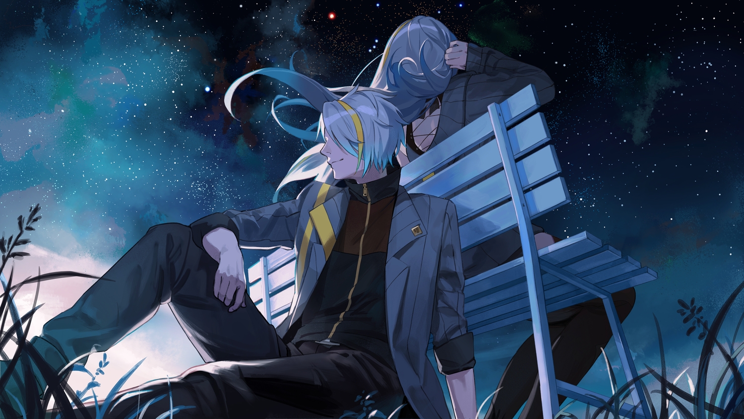 grass, gray_hair, kotatiyu, long_hair, male, night, short_hair, sky