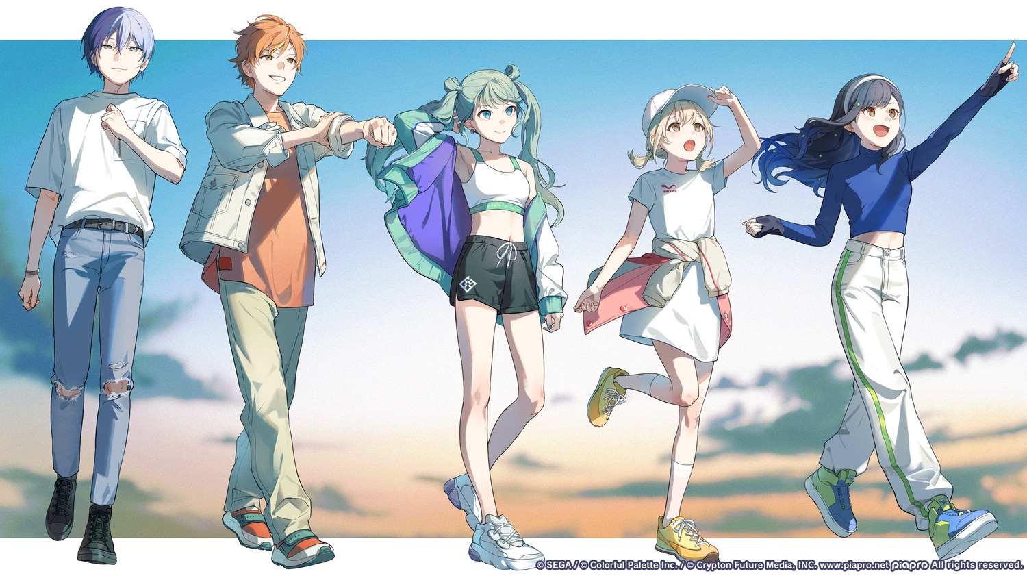 aoyagi_touya, aqua_eyes, azusawa_kohane, black_hair, blonde_hair, blue_hair, boots, bra