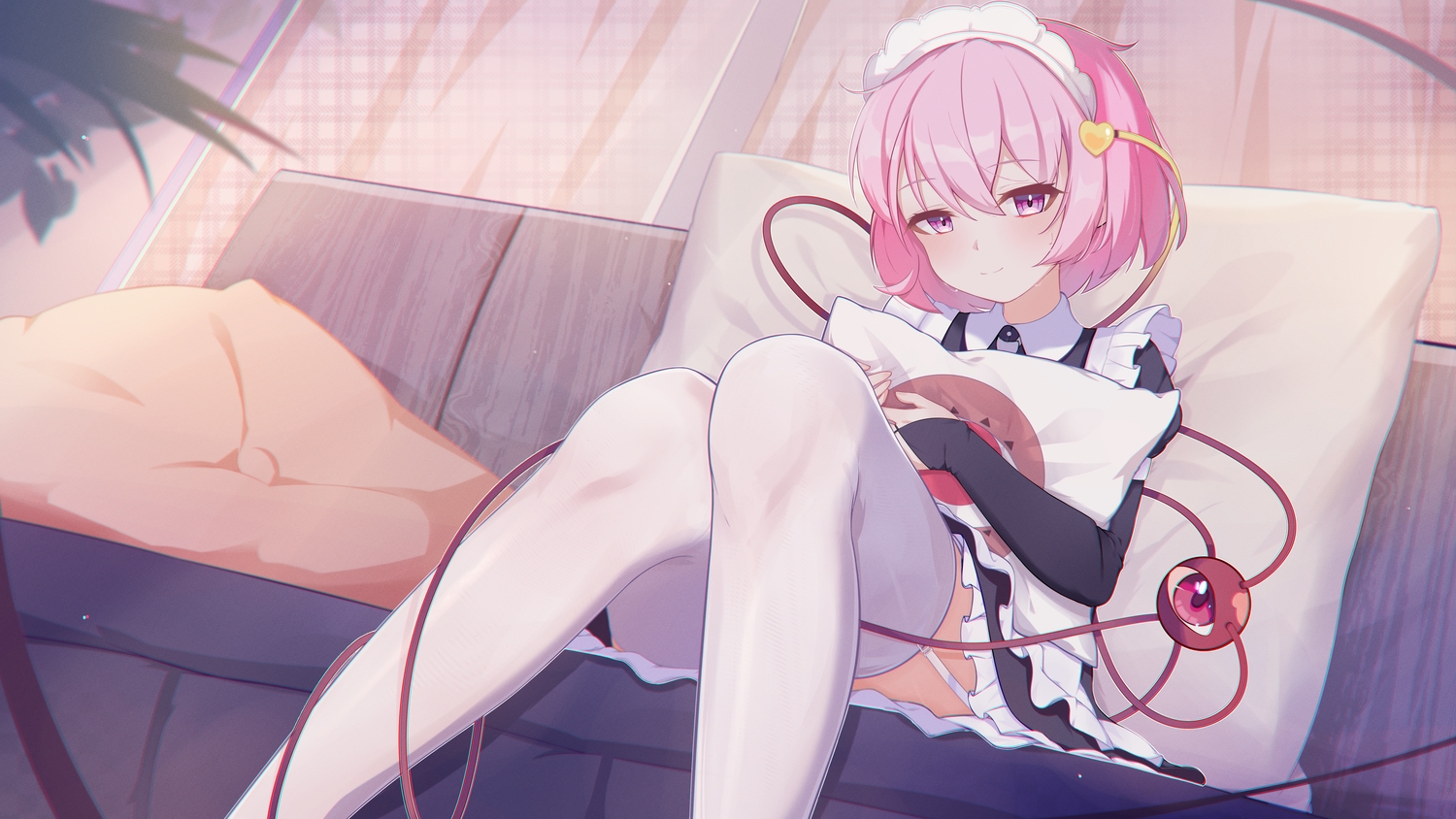 blush, cho_kagaku_no_rei_kyoju, couch, garter_belt, headband, komeiji_satori, maid, pink_hair, purple_eyes, short_hair, stockings, thighhighs, touhou