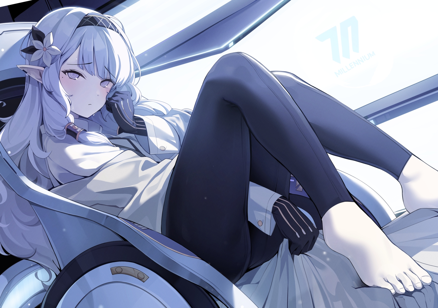 akeboshi_himari, barefoot, blue_archive, ddangbi, gloves, gray_eyes, headband, long_hair