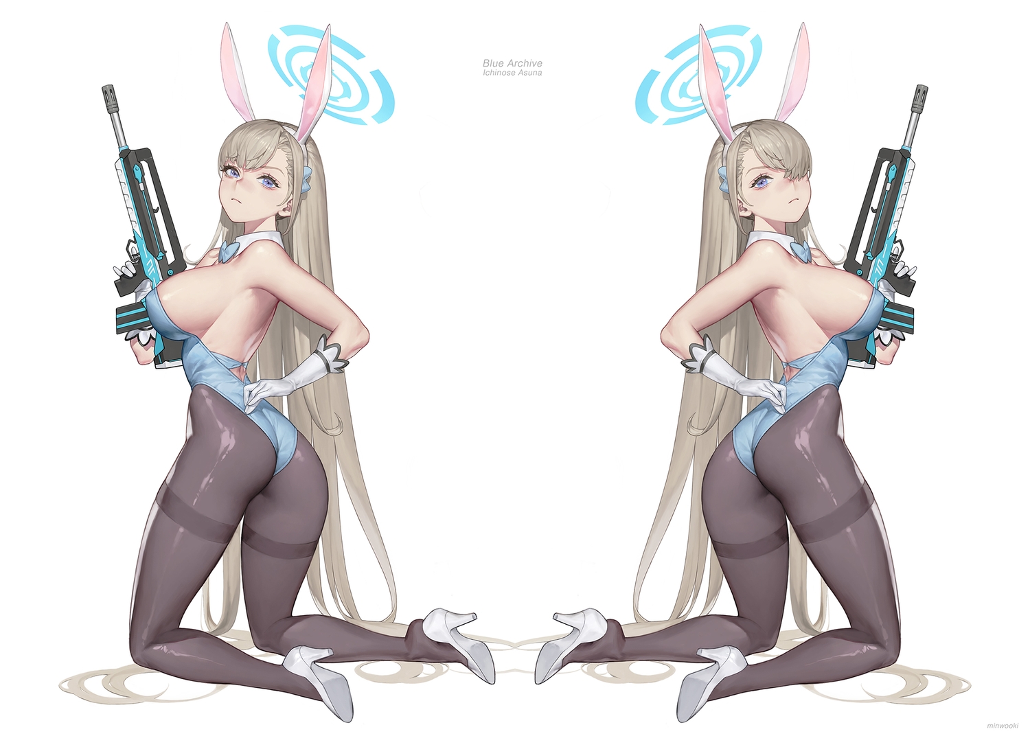 animal_ears, ass, blue_archive, bow, breasts, brown_hair, bunny_ears, bunnygirl