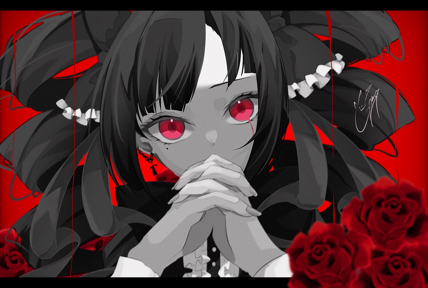 black_hair, close, flowers, goma_irasuto, original, polychromatic, red_eyes, rose