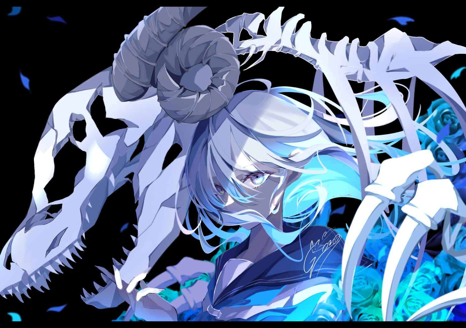dark_skin, goma_irasuto, gray_eyes, horns, original, polychromatic, signed, skull