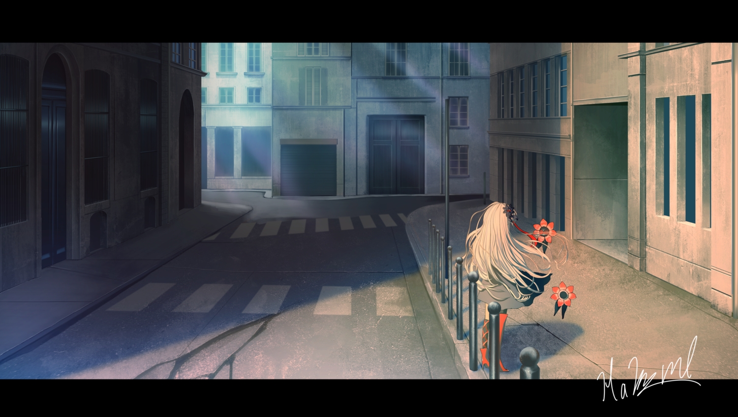 building, hakuurei_amano, isekaijoucho, kamitsubaki_studio, long_hair, scenic