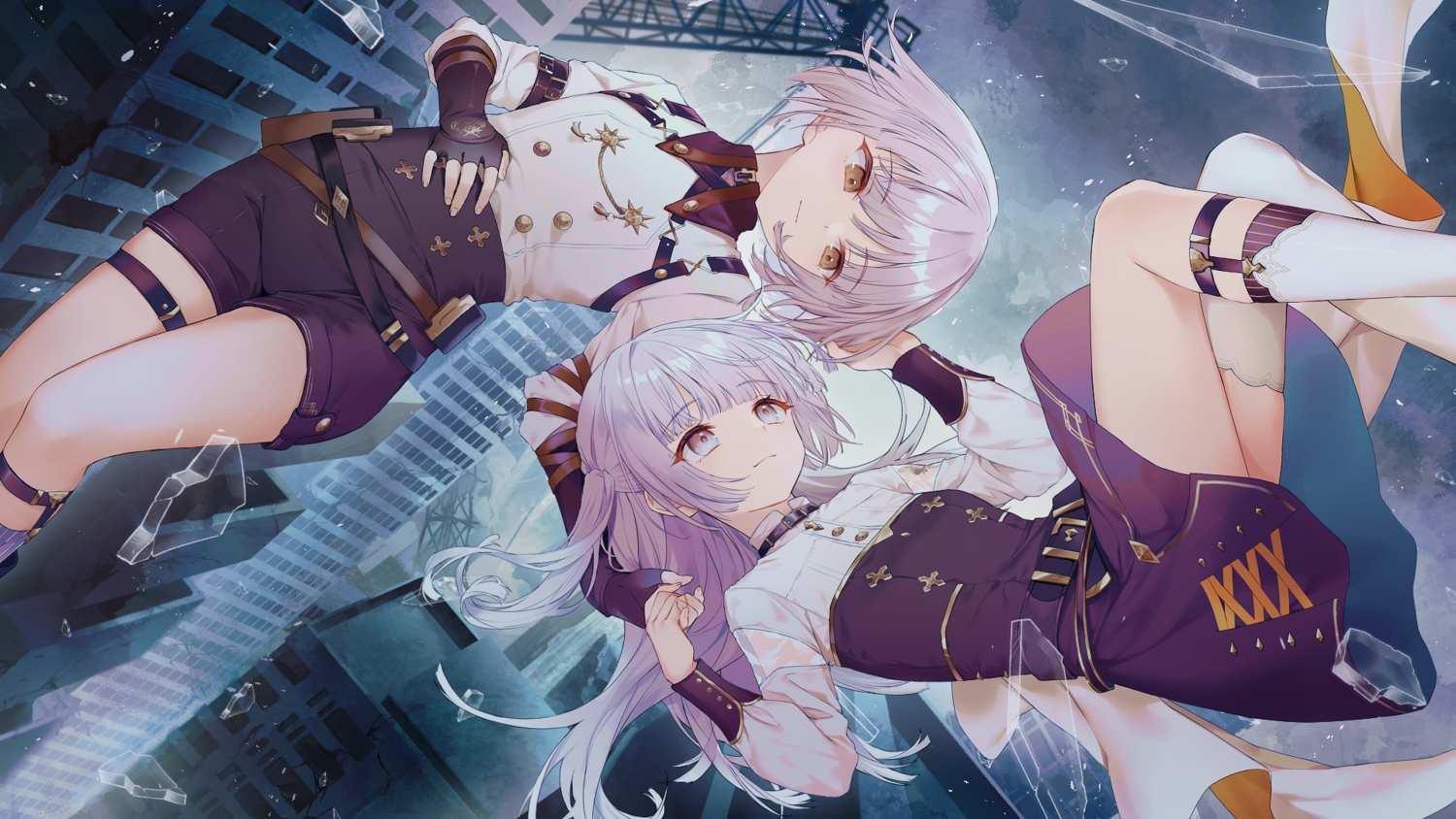 brown_eyes, building, city, dress, garter, gloves, gray_hair, long_hair, male, short_hair, tagme_(character), thighhighs, towa_tsugai, twins, yuzuriha_yuzuri